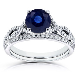 White Gold Blue Sapphire and 1/5ct TDW Diamond Crossover Bridal Set - Handcrafted By Name My Rings™