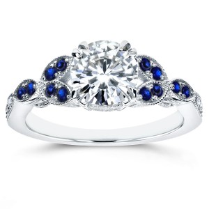 White Gold Blue Sapphire and 1ct TDW Diamond Antique Engagement Ring - Handcrafted By Name My Rings™