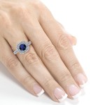 White Gold Blue Sapphire and 3/4ct TDW Diamond Double Halo Engagement Ring - Handcrafted By Name My Rings™