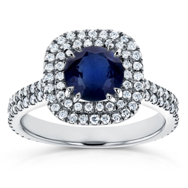 White Gold Blue Sapphire and 3/4ct TDW Diamond Double Halo Engagement Ring - Handcrafted By Name My Rings™