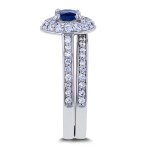 White Gold Blue Sapphire and 3/5ct TDW Diamond Dome Double Halo Bridal Rings 3pc - Handcrafted By Name My Rings™