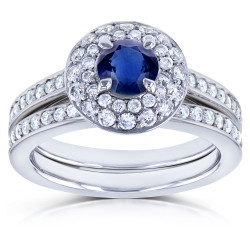 White Gold Blue Sapphire and 3/5ct TDW Diamond Dome Double Halo Bridal Rings 3pc - Handcrafted By Name My Rings™