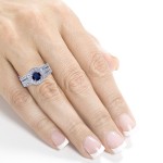 White Gold Blue Sapphire and 4/5ct TDW Diamond Dome Double Halo 3-piece Bridal Rings Set - Handcrafted By Name My Rings™