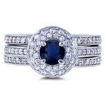 White Gold Blue Sapphire and 4/5ct TDW Diamond Dome Double Halo 3-piece Bridal Rings Set - Handcrafted By Name My Rings™