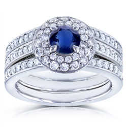 White Gold Blue Sapphire and 4/5ct TDW Diamond Dome Double Halo 3-piece Bridal Rings Set - Handcrafted By Name My Rings™