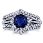 White Gold Blue Sapphire and 5/8ct TDW Diamond Star Halo 3-Ring Bridal Set - Handcrafted By Name My Rings™