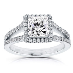 White Gold Certified 2 1/4ct TDW Princess Diamond Halo Long Split Shank Ring - Handcrafted By Name My Rings™