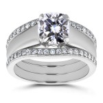 White Gold Cushion Cut Moissanite Solitaire and 1/3ct TDW Diamond Double Band - Handcrafted By Name My Rings™