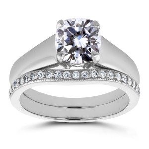 White Gold Cushion Cut Moissanite Solitaire and 1/6ct TDW Diamond Band Bridal - Handcrafted By Name My Rings™