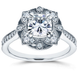 White Gold Cushion Forever One Moissanite and 1/4ct TDW Diamond Floral Antiqu - Handcrafted By Name My Rings™