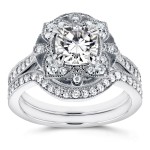 White Gold Cushion Moissanite and 1/2ct TDW Diamond 2-Piece Floral Antique Br - Handcrafted By Name My Rings™