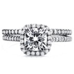 White Gold Cushion Moissanite and 1/2ct TDW Diamond Halo Cathedral Bridal Set - Handcrafted By Name My Rings™