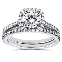 White Gold Cushion Moissanite and 1/2ct TDW Diamond Halo Cathedral Bridal Set - Handcrafted By Name My Rings™
