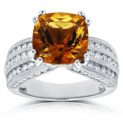 White Gold Cushion Orange Citrine and 1 1/5ct TDW Diamond Multi-Row Channel R - Handcrafted By Name My Rings™