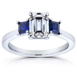 White Gold Emerald Cut Blue Sapphire and 1ct TDW Diamond Three Stone Engageme - Handcrafted By Name My Rings™