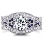 White Gold Forever One Moissanite Blue Sapphire and 1/2ct TDW Diamond Vintage Floral 3-P - Handcrafted By Name My Rings™