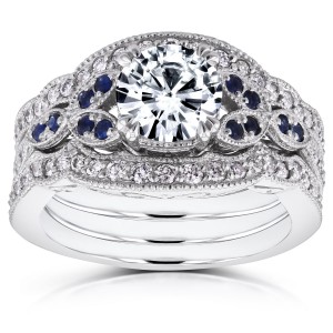 White Gold Forever One Moissanite Blue Sapphire and 1/2ct TDW Diamond Vintage Floral 3-P - Handcrafted By Name My Rings™