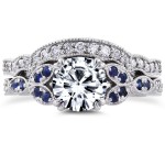 White Gold Forever One Moissanite Blue Sapphire and 1/4ct TDW Diamond Vintage Floral Bri - Handcrafted By Name My Rings™