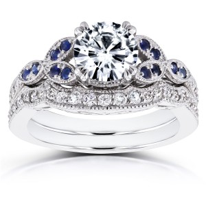 White Gold Forever One Moissanite Blue Sapphire and 1/4ct TDW Diamond Vintage Floral Bri - Handcrafted By Name My Rings™