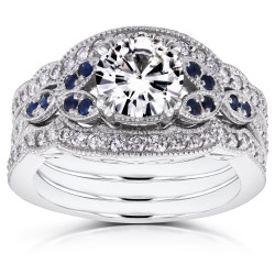 White Gold Moissanite Blue Sapphire and 1/2ct TDW Diamond Vintage Floral 3-Piece Bridal - Handcrafted By Name My Rings™