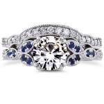 White Gold Moissanite Blue Sapphire and 1/4ct TDW Diamond Vintage Floral Bridal Set - Handcrafted By Name My Rings™