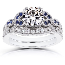 White Gold Moissanite Blue Sapphire and 1/4ct TDW Diamond Vintage Floral Bridal Set - Handcrafted By Name My Rings™