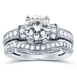 White Gold Moissanite and 3/5 ct TDW Antique Diamond Bridal Rings Set - Handcrafted By Name My Rings™