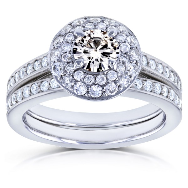 White Gold Moissanite and 3/5ct TDW Diamond Dome Double Halo Bridal Rings - Handcrafted By Name My Rings™