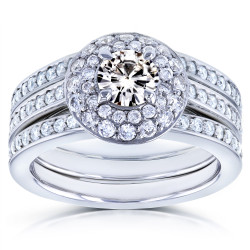 White Gold Moissanite and 4/5ct TDW Diamond Dome Double Halo 3-Ring Bridal Set - Handcrafted By Name My Rings™