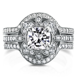 White Gold Moissanite and 5/8ct TDW Diamond 3-Piece Floral Antique Bridal Set - Handcrafted By Name My Rings™