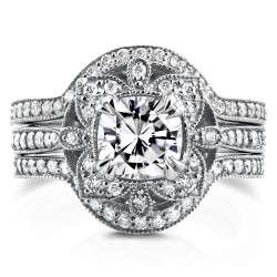 White Gold Moissanite and 5/8ct TDW Diamond 3-Piece Floral Antique Bridal Set - Handcrafted By Name My Rings™
