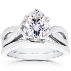 White Gold Oval 1 1/2ct Forever One DEF Moissanite Solitaire Bridal Set - Handcrafted By Name My Rings™