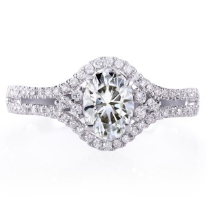 White Gold Oval 1 1/6ct TGW Oval Moissanite and Diamond Parallel Semi-Split Shank Engagement Ring - Handcrafted By Name My Rings™