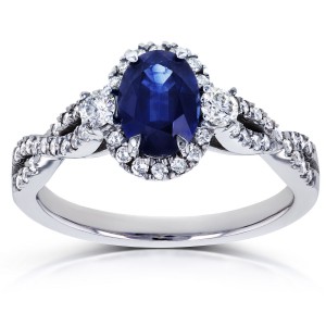 White Gold Oval Blue Sapphire and 1/3ct TDW Diamond Halo Vintage Engagement Ring - Handcrafted By Name My Rings™