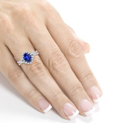 White Gold Oval Blue Sapphire and 1/4ct TDW Diamond Vintage Ring - Handcrafted By Name My Rings™