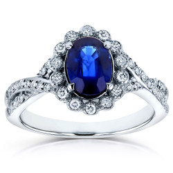 White Gold Oval Blue Sapphire and 1/4ct TDW Diamond Vintage Ring - Handcrafted By Name My Rings™