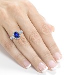 White Gold Oval Blue Sapphire and 1/8ct TDW Diamond Vintage Ornate Cathedral Ring - Handcrafted By Name My Rings™