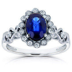 White Gold Oval Blue Sapphire and 1/8ct TDW Diamond Vintage Ornate Cathedral Ring - Handcrafted By Name My Rings™