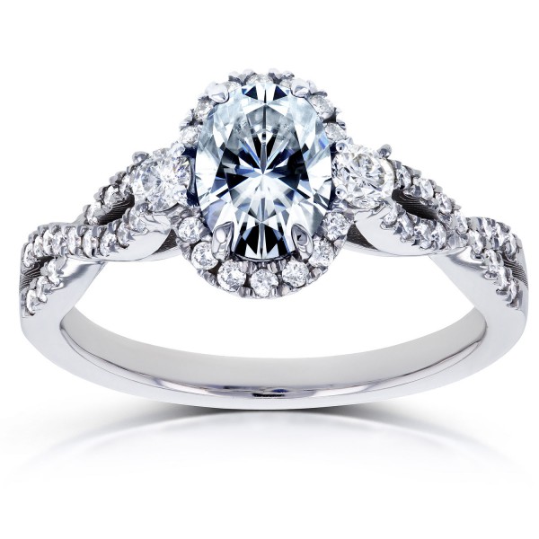 White Gold Oval Forever One GHI Moissanite and 1/3ct TDW Diamond Halo Vintage Engagement Ring - Handcrafted By Name My Rings™