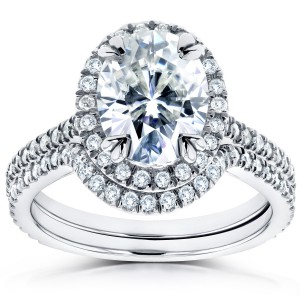 White Gold Oval Moissanite and 1/2ct TDW Diamond Halo 2-Piece Bridal Rings Se - Handcrafted By Name My Rings™