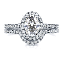 White Gold Oval Moissanite and 1/2ct TDW Diamond Halo Bridal Set - Handcrafted By Name My Rings™