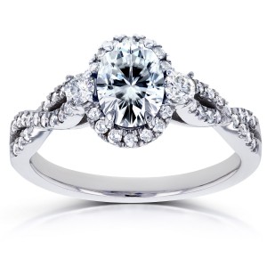 White Gold Oval Moissanite and 1/3ct TDW Diamond Halo Vintage Engagement Ring - Handcrafted By Name My Rings™