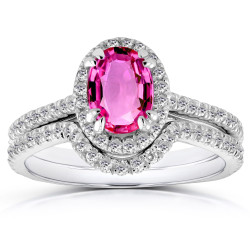 White Gold Oval Pink Sapphire and 1/2ct TDW Halo Diamond Bridal Rings 2 Piece - Handcrafted By Name My Rings™