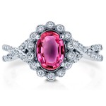 White Gold Oval Pink Sapphire and 1/4ct TDW Diamond Vintage Crossover Ring - Handcrafted By Name My Rings™