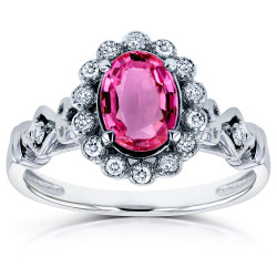 White Gold Oval Pink Sapphire and 1/8ct TDW Diamond Vintage Ring - Handcrafted By Name My Rings™