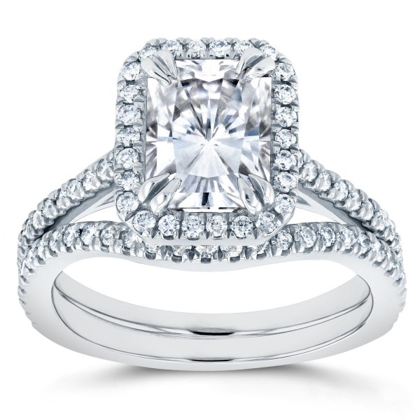 White Gold Radiant Cut Forever Brilliant Moissanite and 2/5ct TDW Halo Diamon - Handcrafted By Name My Rings™