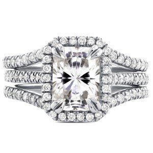 White Gold Radiant Cut Moissanite and 3/5ct TDW Halo Diamond 3-Piece Bridal R - Handcrafted By Name My Rings™