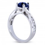 White Gold Round Blue Sapphire and 1/2ct TDW Diamond Bridal Rings Set - Handcrafted By Name My Rings™