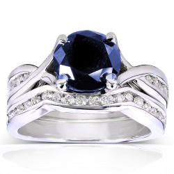White Gold Round Blue Sapphire and 1/2ct TDW Diamond Bridal Rings Set - Handcrafted By Name My Rings™