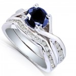 White Gold Round Blue Sapphire and 1/2ct TDW Diamond Bridal Rings Set - Handcrafted By Name My Rings™
